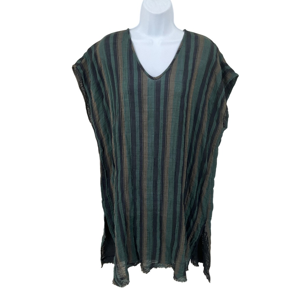 Eileen Fisher Tunic Top Womens L Green Striped V-Neck Oversized Boho Lagenlook